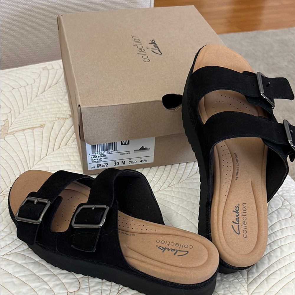 NWT Clarks Women's Black Double Buckle Sandals